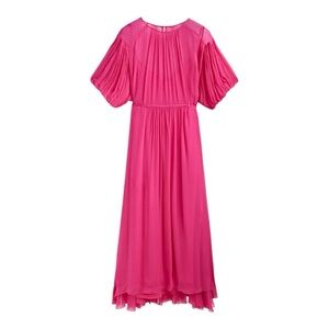 Massimo Dutti Hot Pink Gathered Maxi Dress Puff Sleeves Size Small NWT